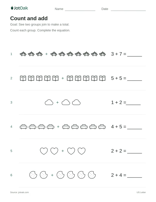 Printable Kindergarten count and add worksheet with addition within 10