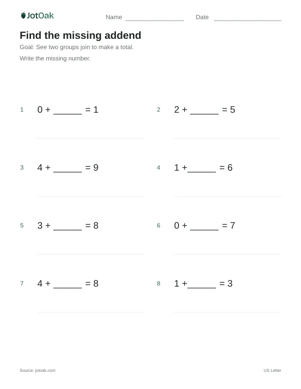 Printable Kindergarten find the missing addend worksheet with addition within 10