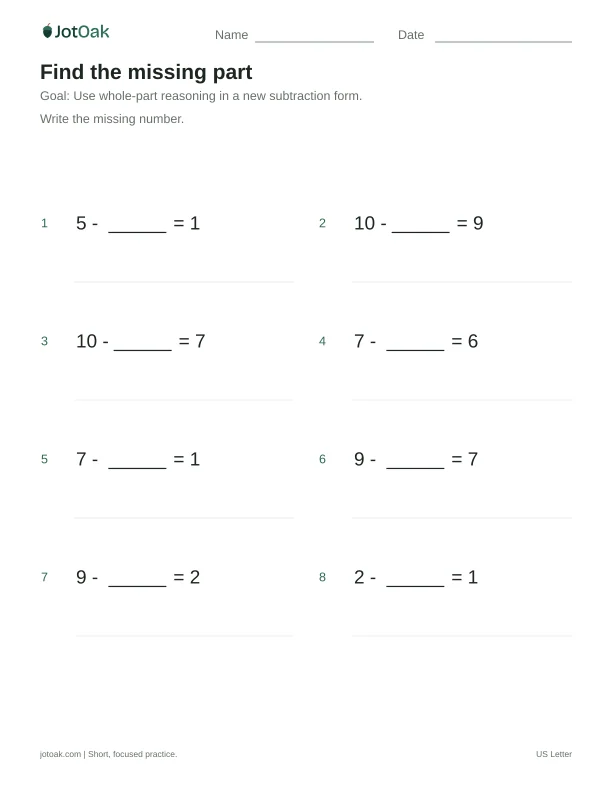Printable Kindergarten find the missing part worksheet with subtraction within 10