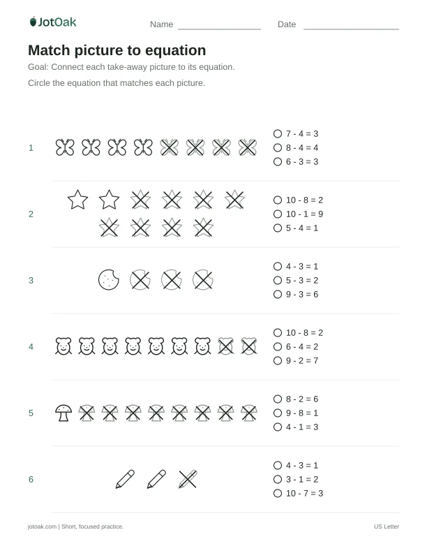 Printable Kindergarten match picture to equation worksheet with subtraction within 10
