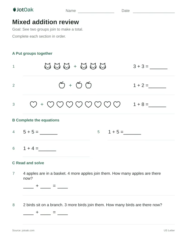 Printable Kindergarten mixed addition review worksheet with addition within 10