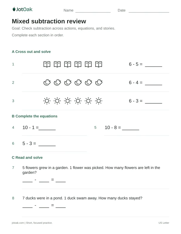 Printable Kindergarten mixed subtraction review worksheet with subtraction within 10