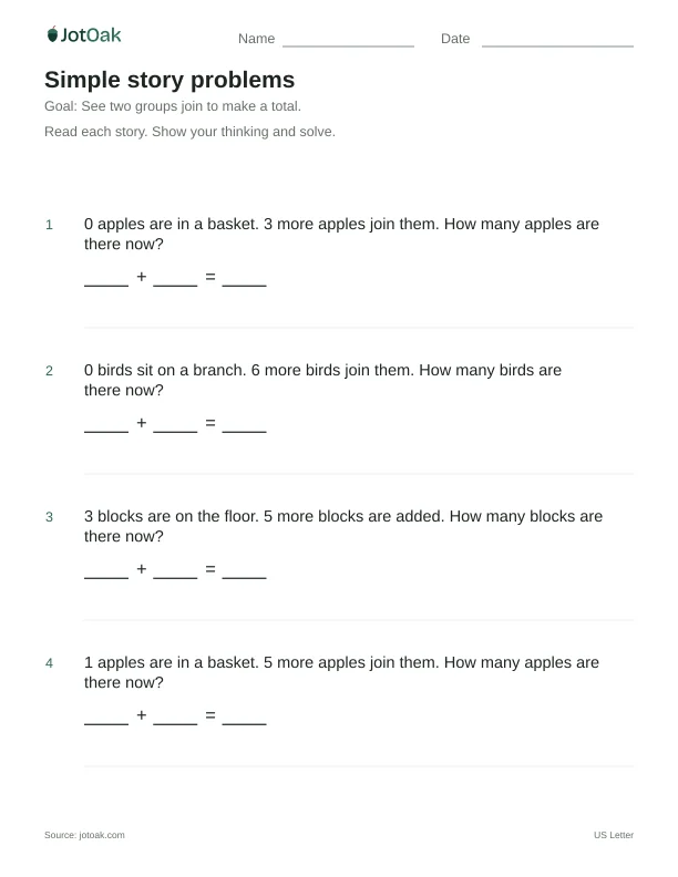 Printable Kindergarten simple story problems worksheet with addition within 10